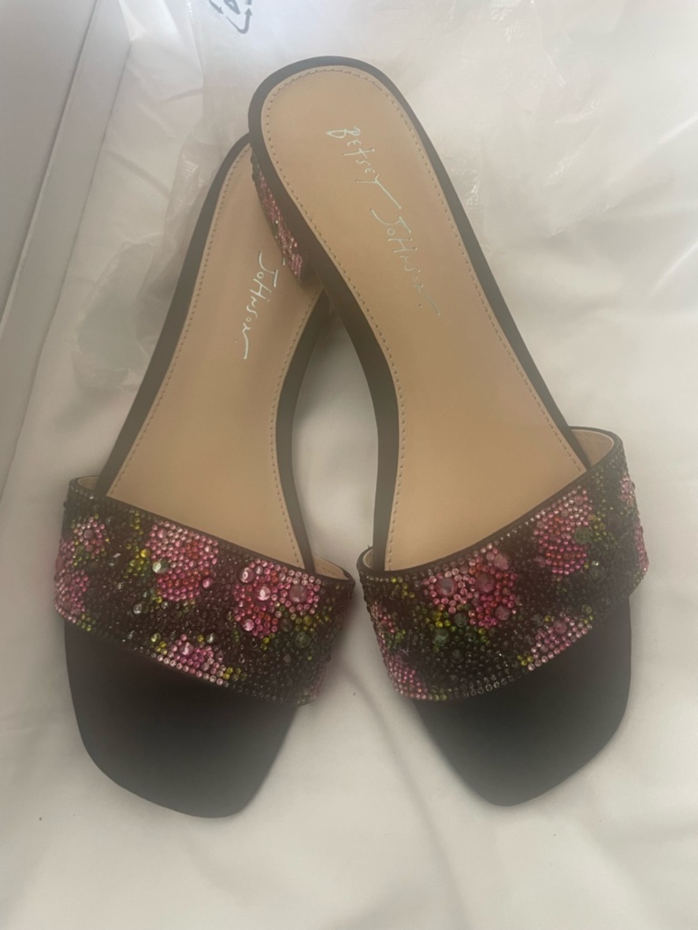 Betsey Johnson Black Slide Heels with Pink & Green Crystal Florals - Picture 8 of 10